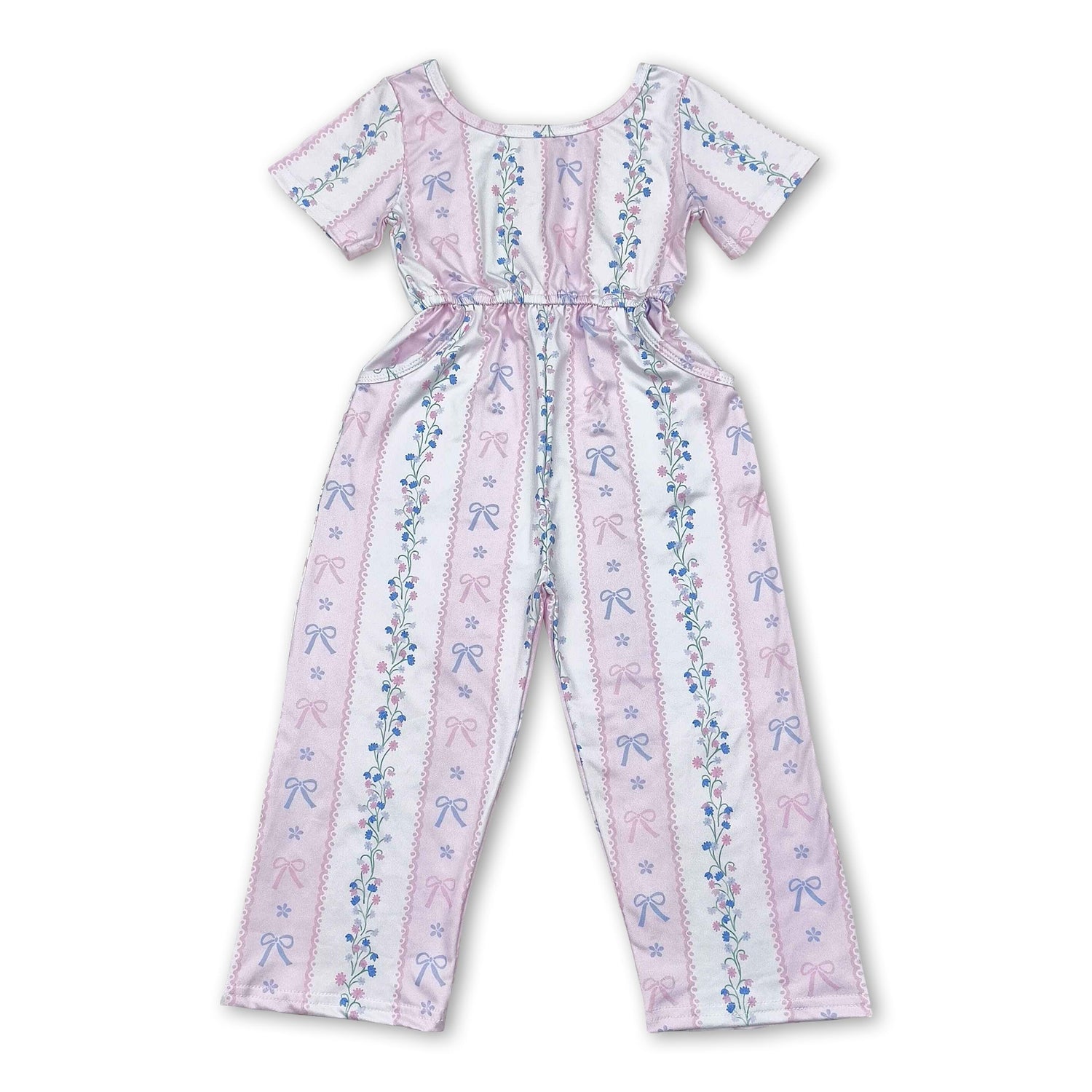 Short sleeves pink bow floral pockets girls jumpsuit