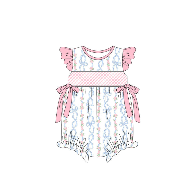 Flutter sleeves floral light blue bow baby girls summer romper