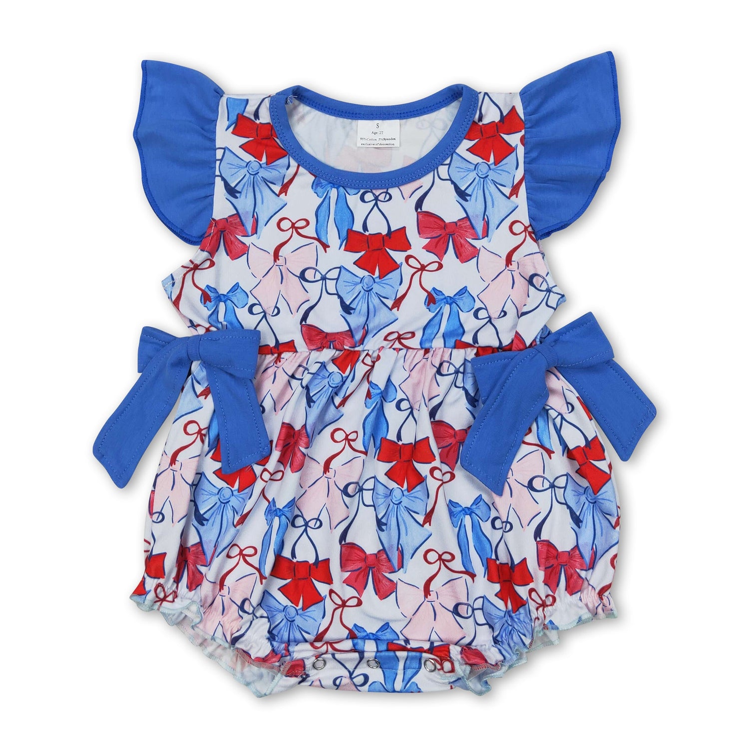 Flutter sleeves red blue bow baby girls 4th of july romper