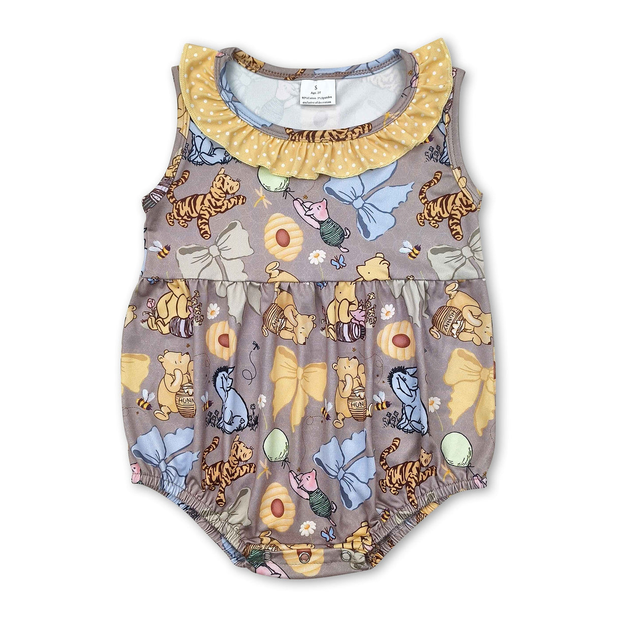 Yellow ruffle sleeveless bow bear baby girls romper