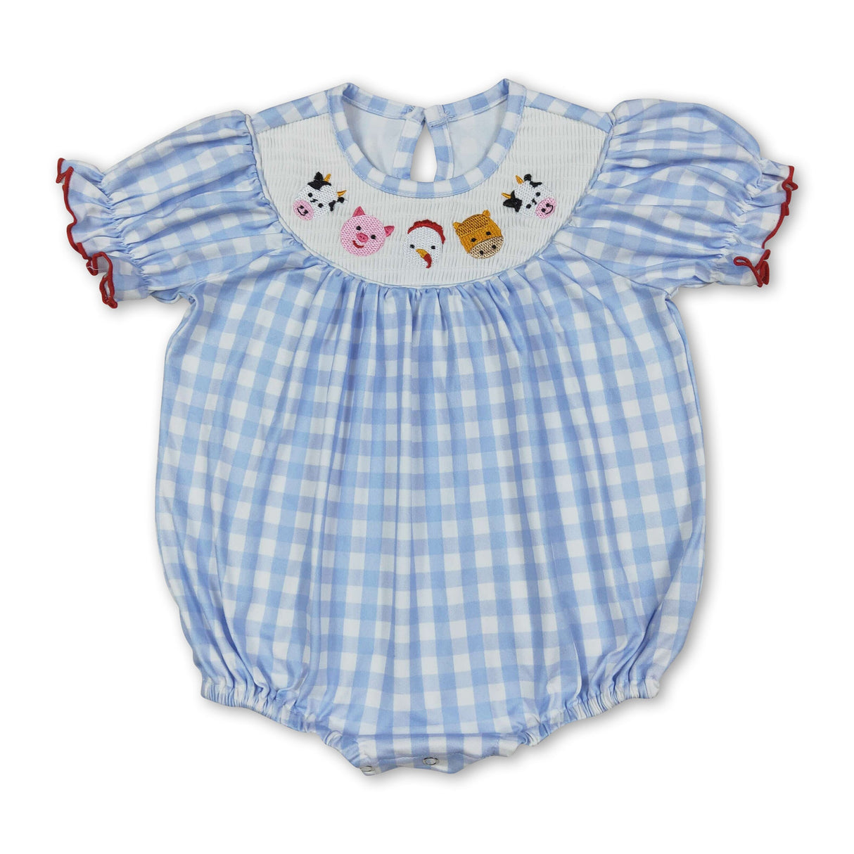 Short sleeves blue plaid cow pig chicken baby girls romper
