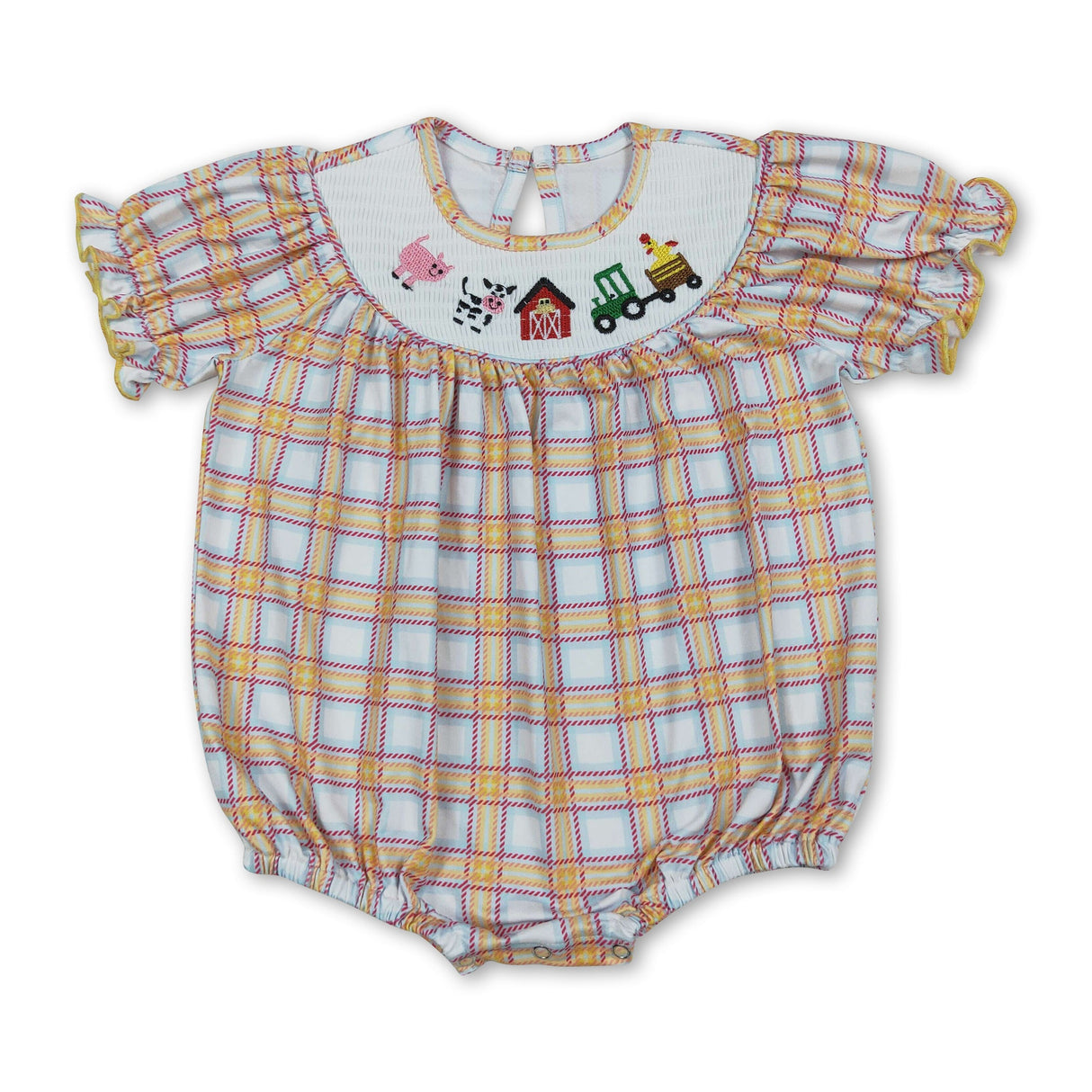 Short sleeves plaid cow tractor farm baby girls romper