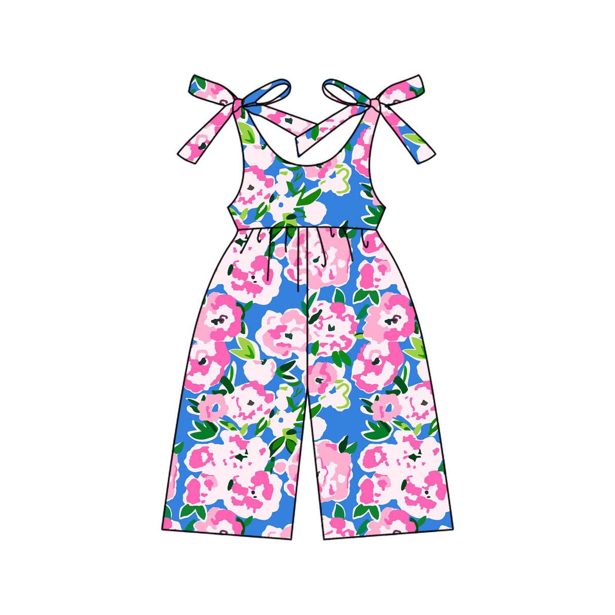 Blue pink floral straps toddler girls jumpsuit