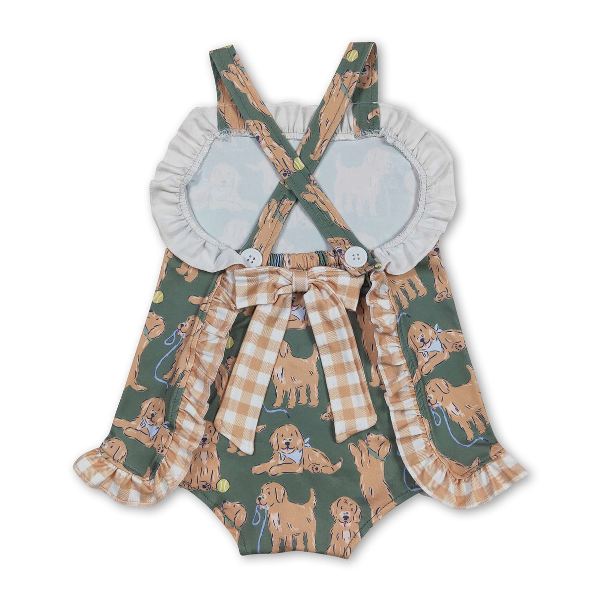 Straps khaki plaid ruffle dogs baby girls summer romper