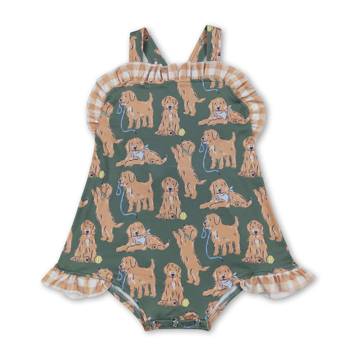 Straps khaki plaid ruffle dogs baby girls summer romper