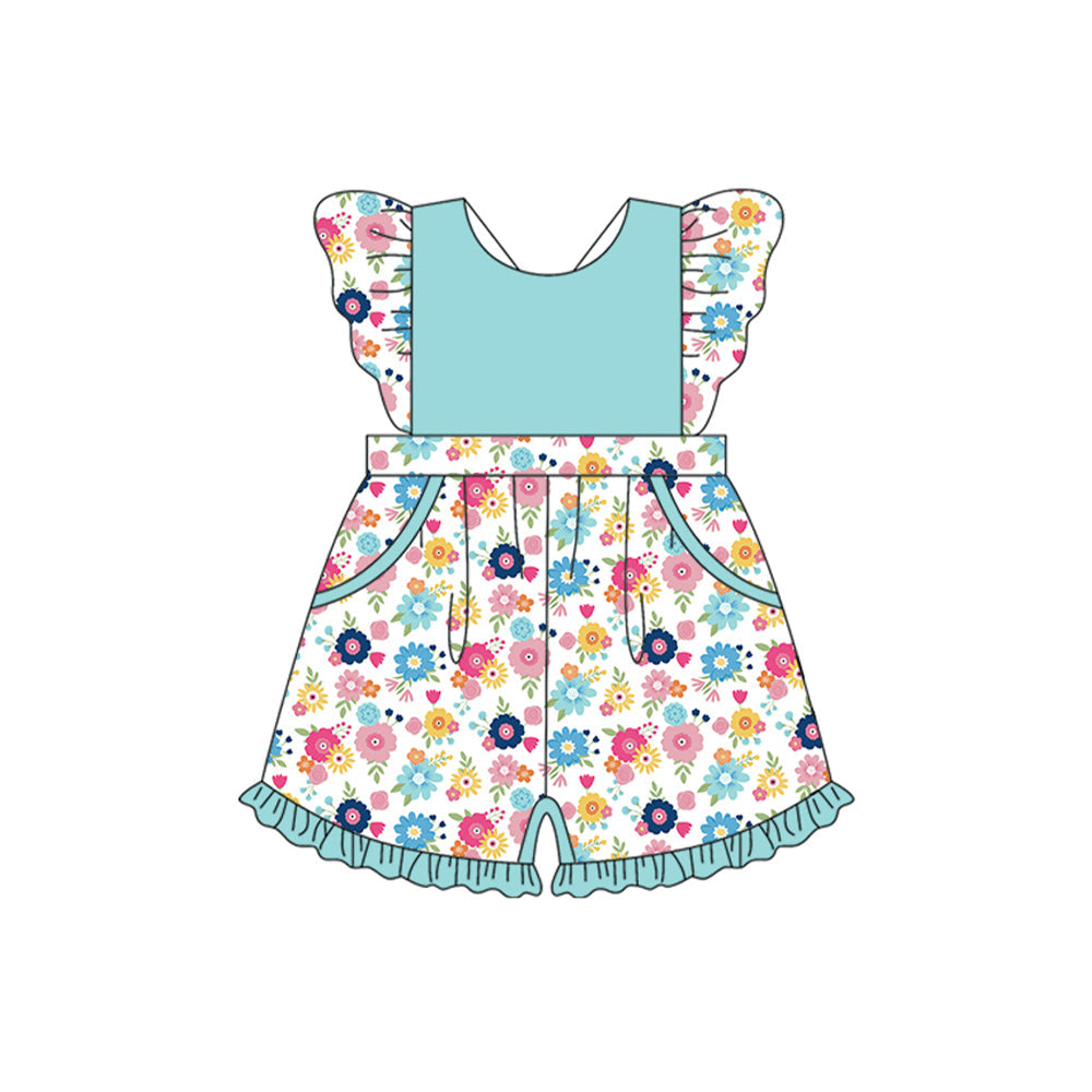 Flutter sleeves floral pockets ruffle baby girls jumpsuit