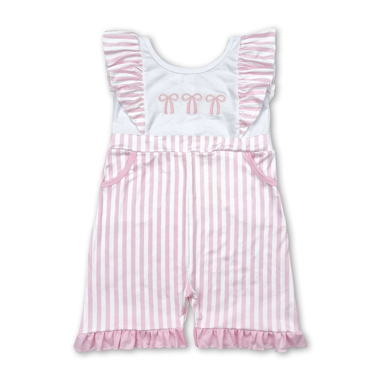 Pink stripe bow flutter sleeves pockets baby girls jumpsuit