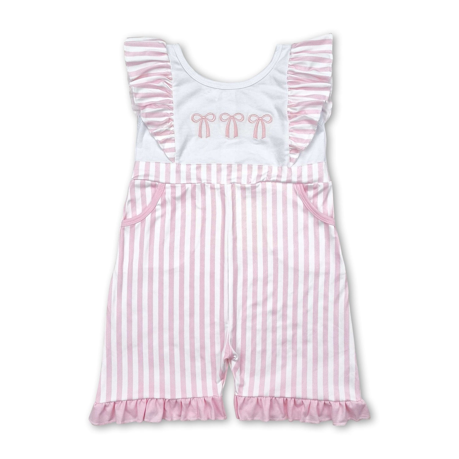 Pink stripe bow flutter sleeves pockets baby girls jumpsuit