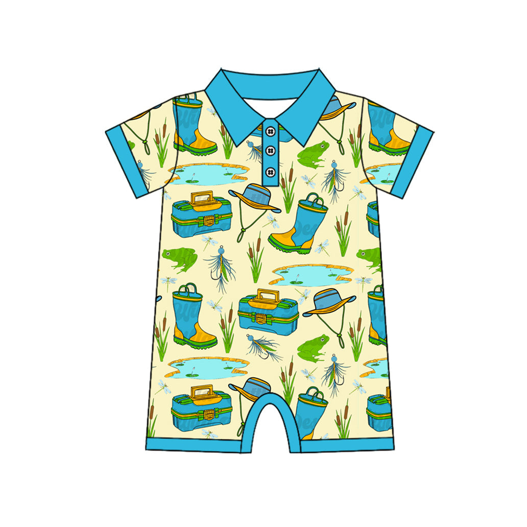 Blue short sleeves fishing baby boy summer romper