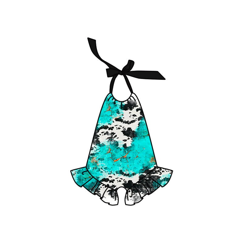 Turquoise cow western baby girls halter romper