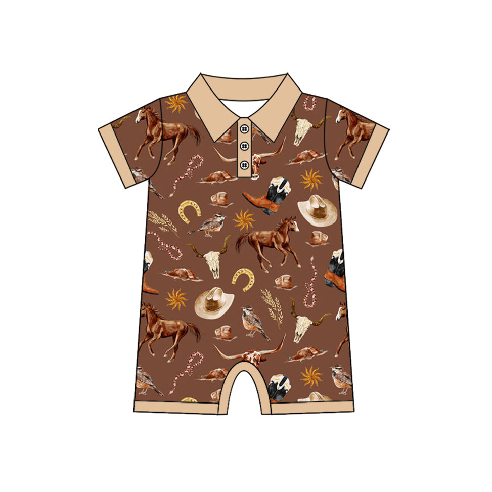 Short sleeves horse baby boy western polo romper