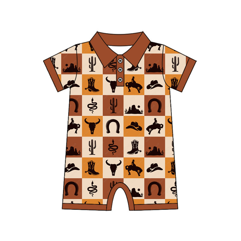 Brown short sleeves cactus bull skull boy western polo romper