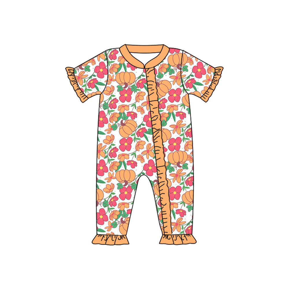 Short sleeves pumpkin floral baby girls fall zipper romper