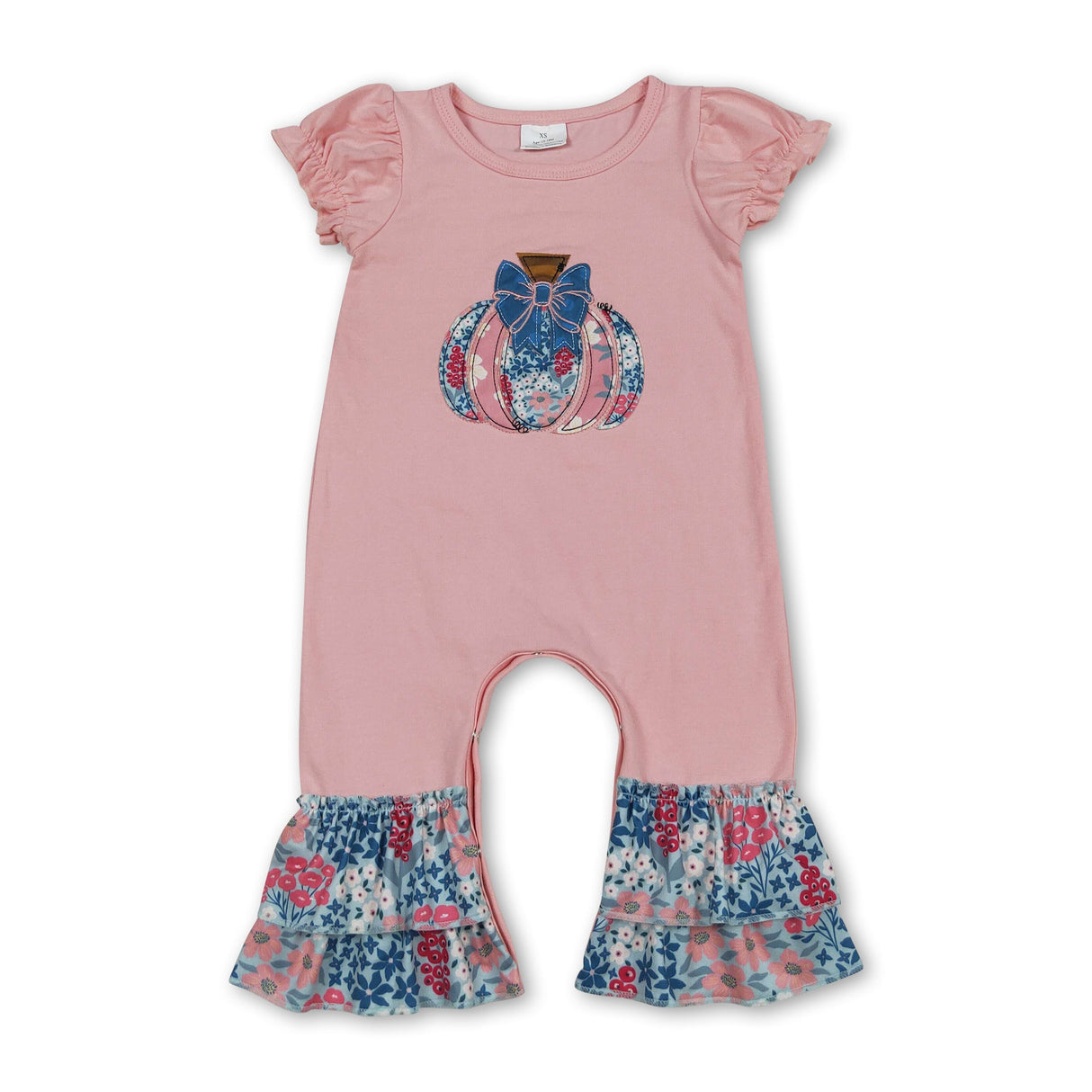 Short sleeves floral pumpkin bow baby girl fall romper
