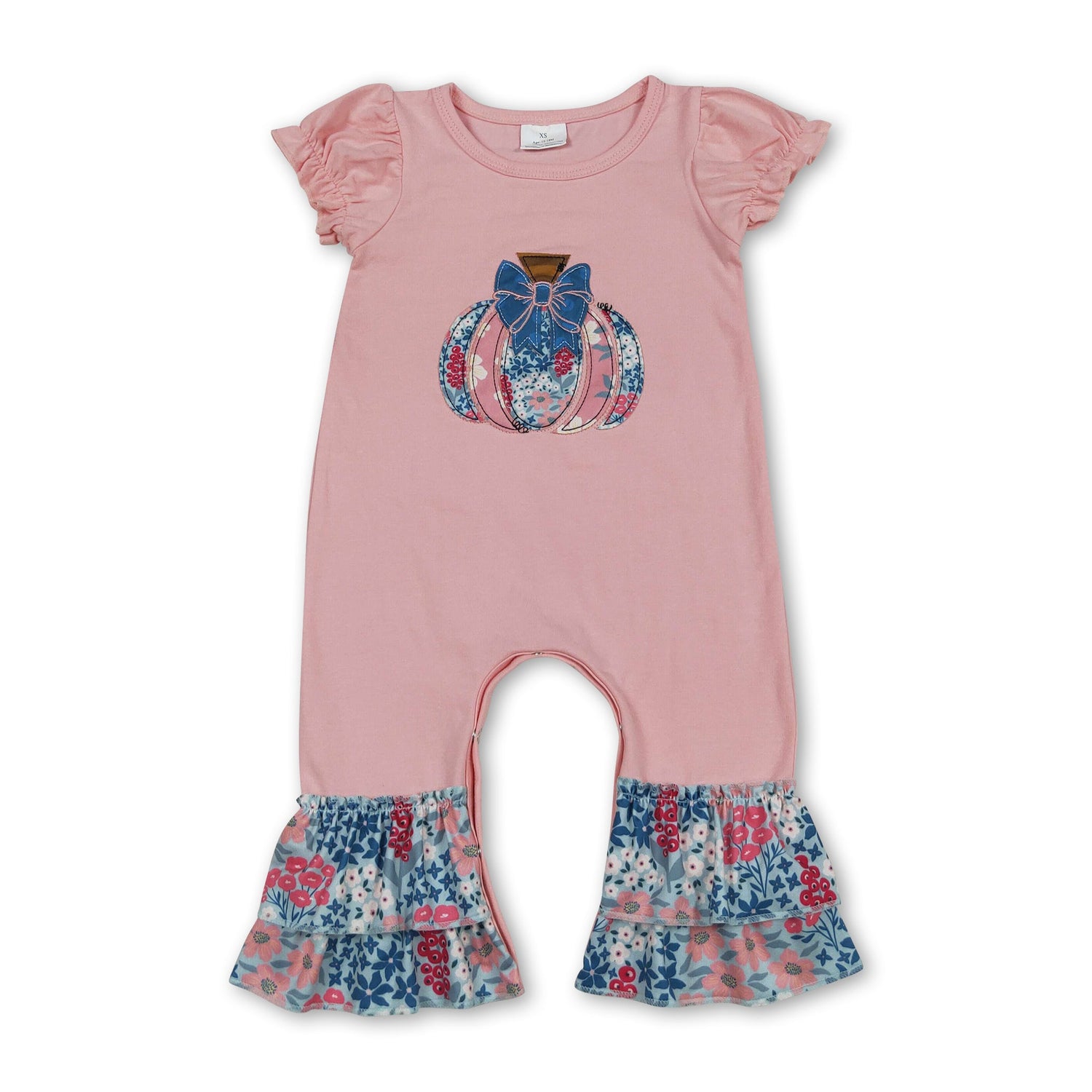 Short sleeves floral pumpkin bow baby girl fall romper