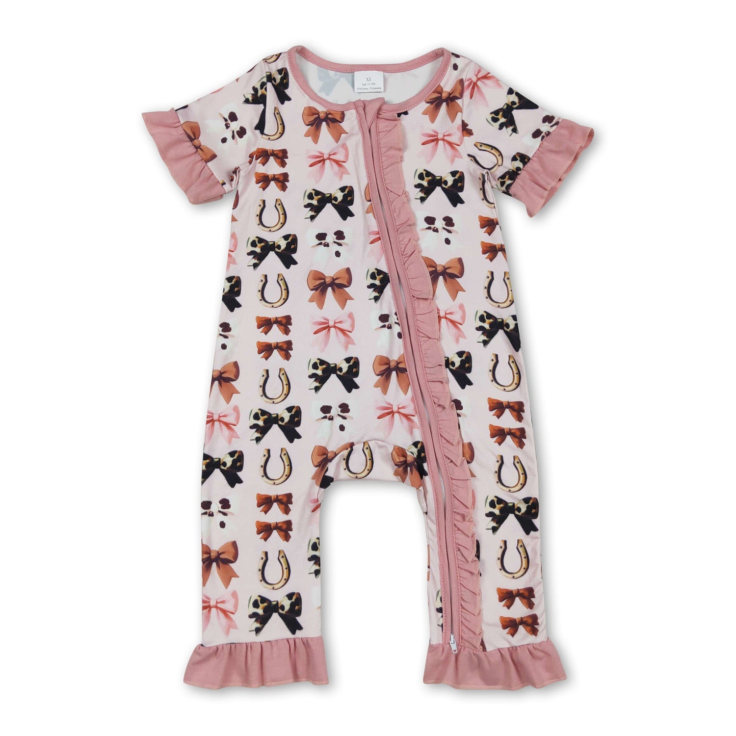 Pink ruffle cow print bow western baby zipper romper
