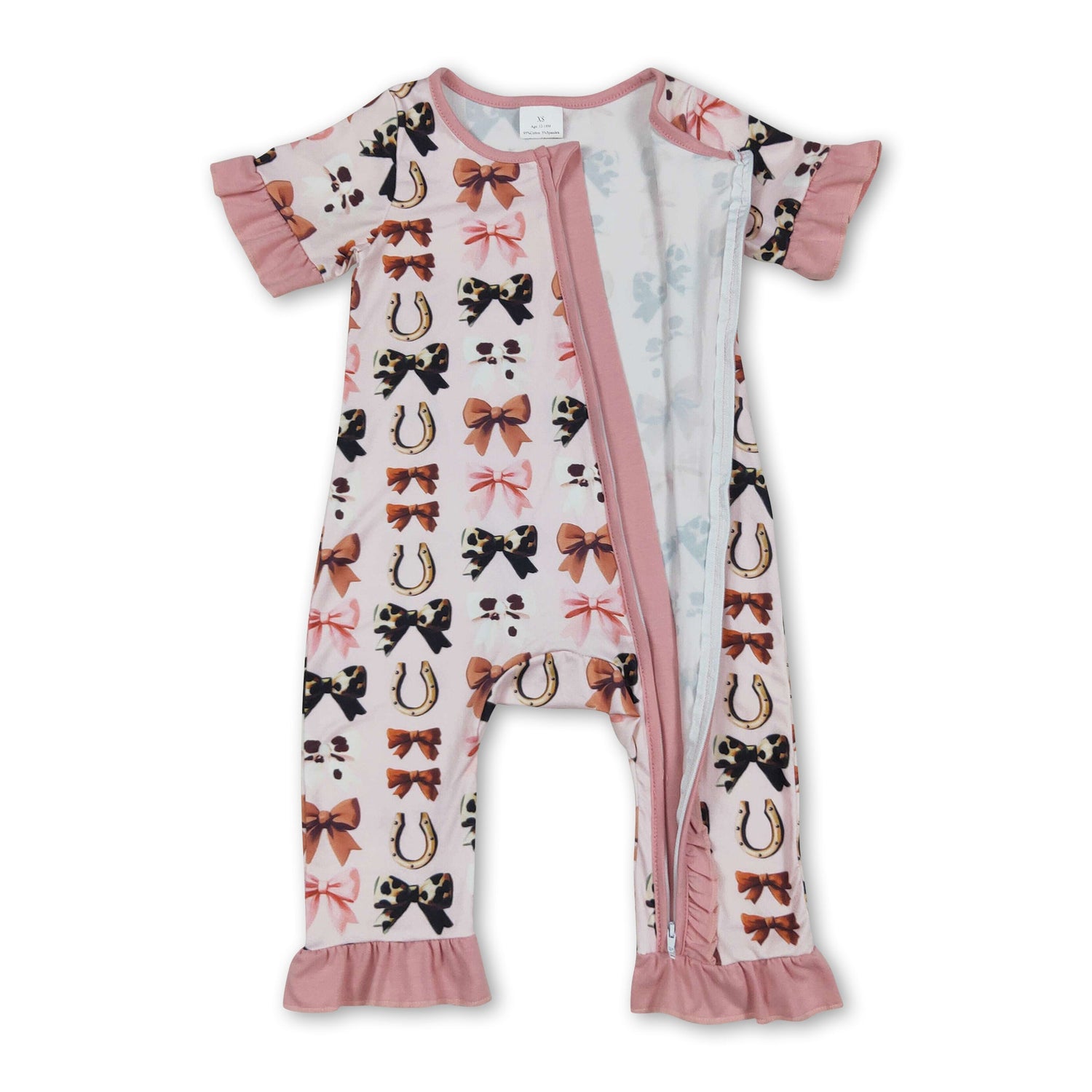 Pink ruffle cow print bow western baby zipper romper