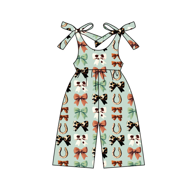 Straps cow print bow western girls jumpsuit