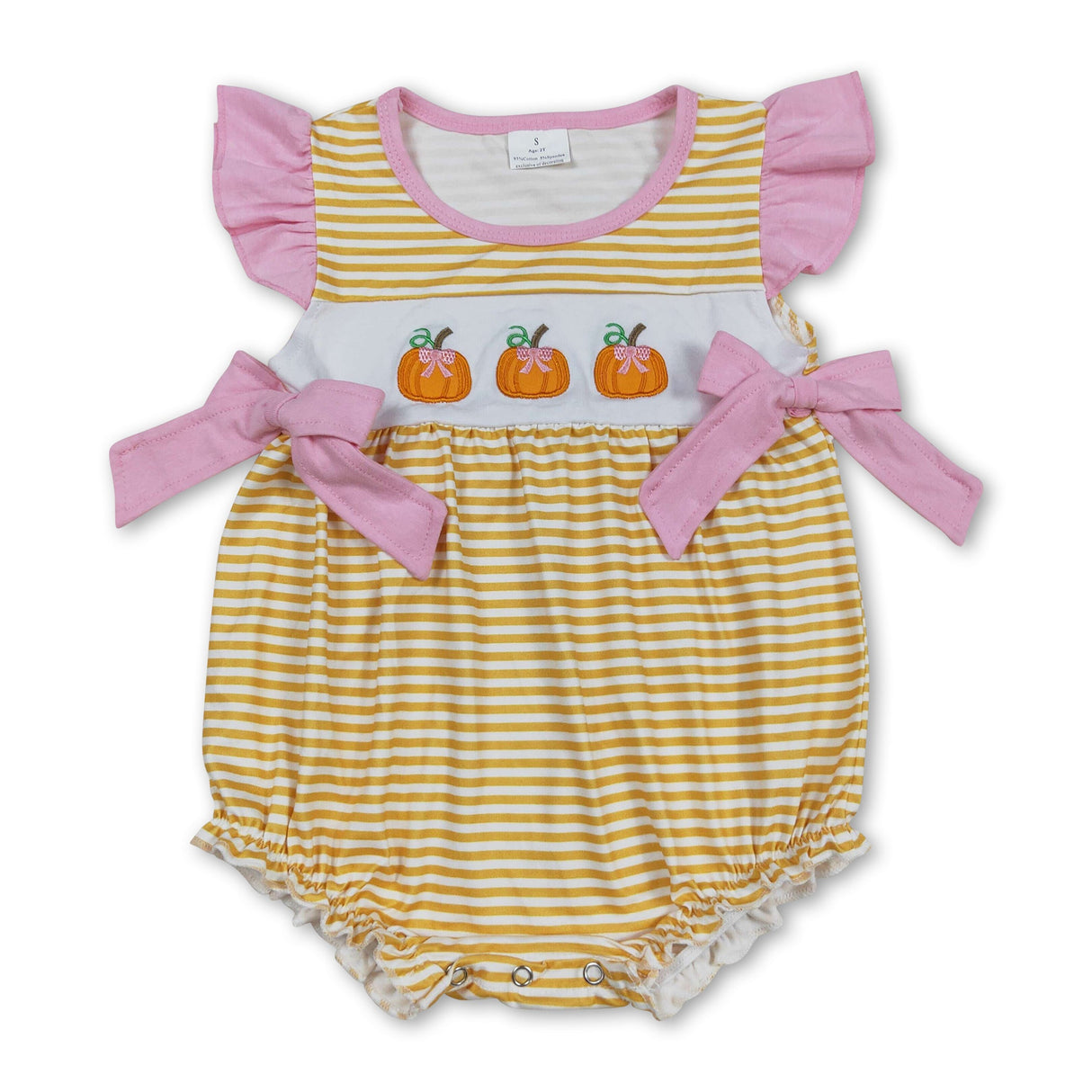 Pink flutter sleeves stripe bow pumpkin girls fall romper