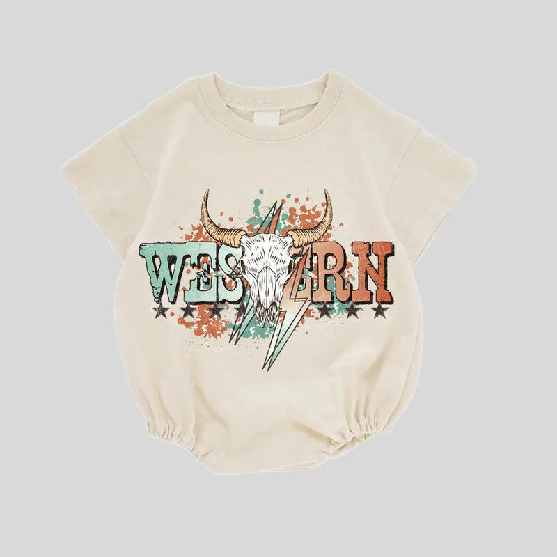 Beige short sleeves bull skull western baby romper