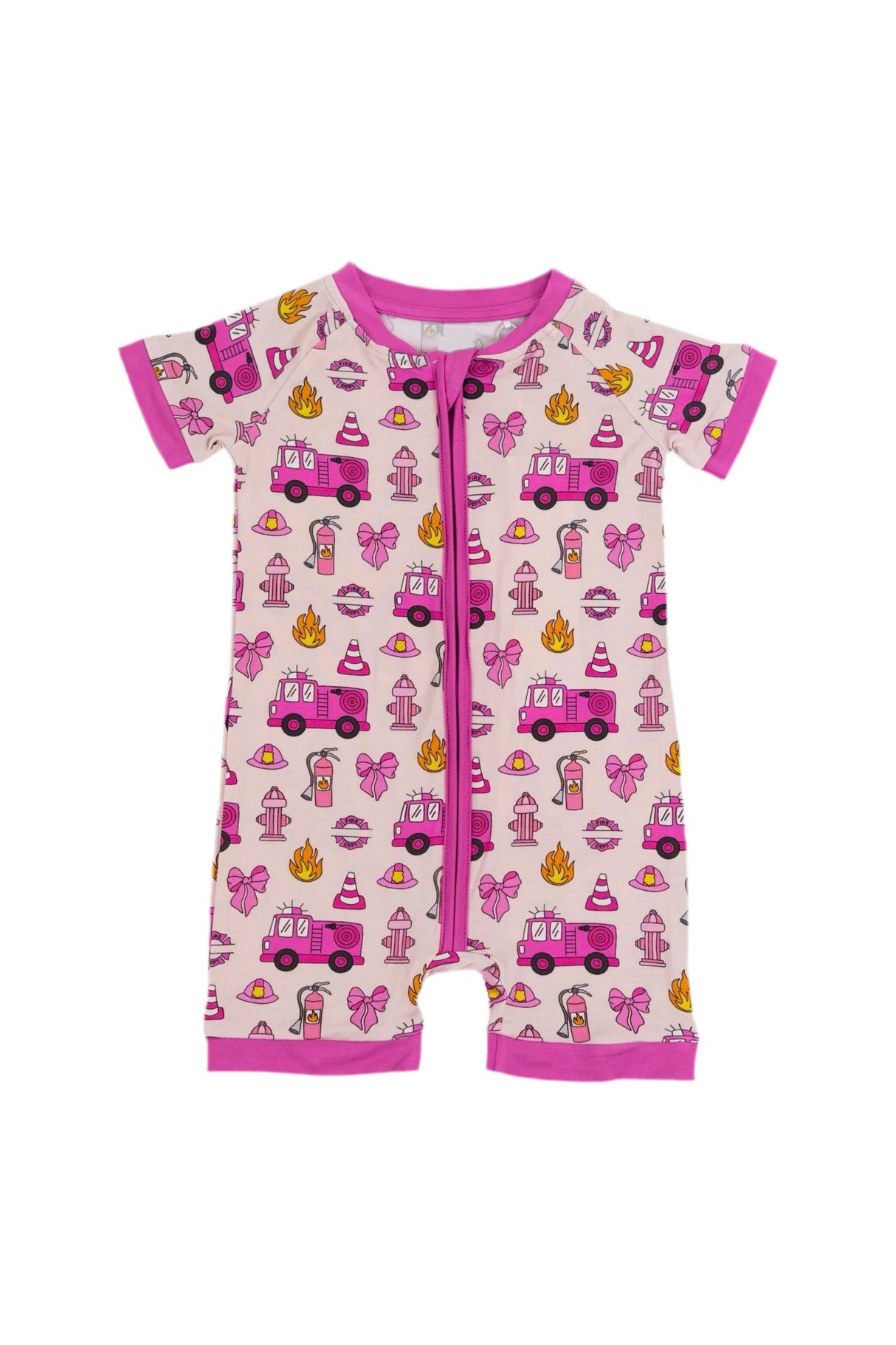 Short sleeves pink bow fire truck baby girls zip romper