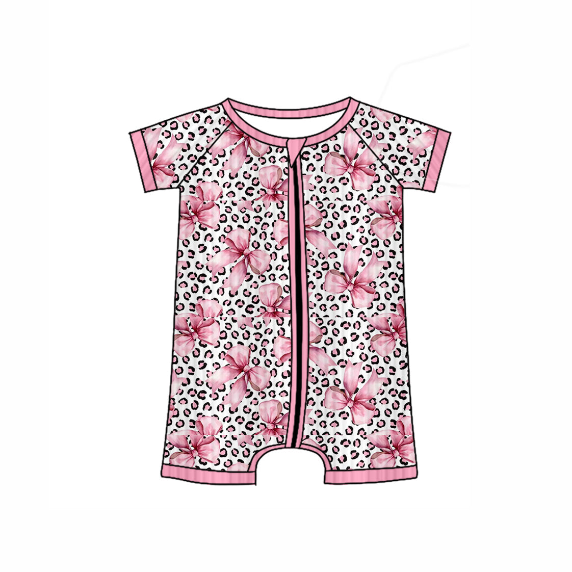 Short sleeves leopard pink bow baby girls zipper romper