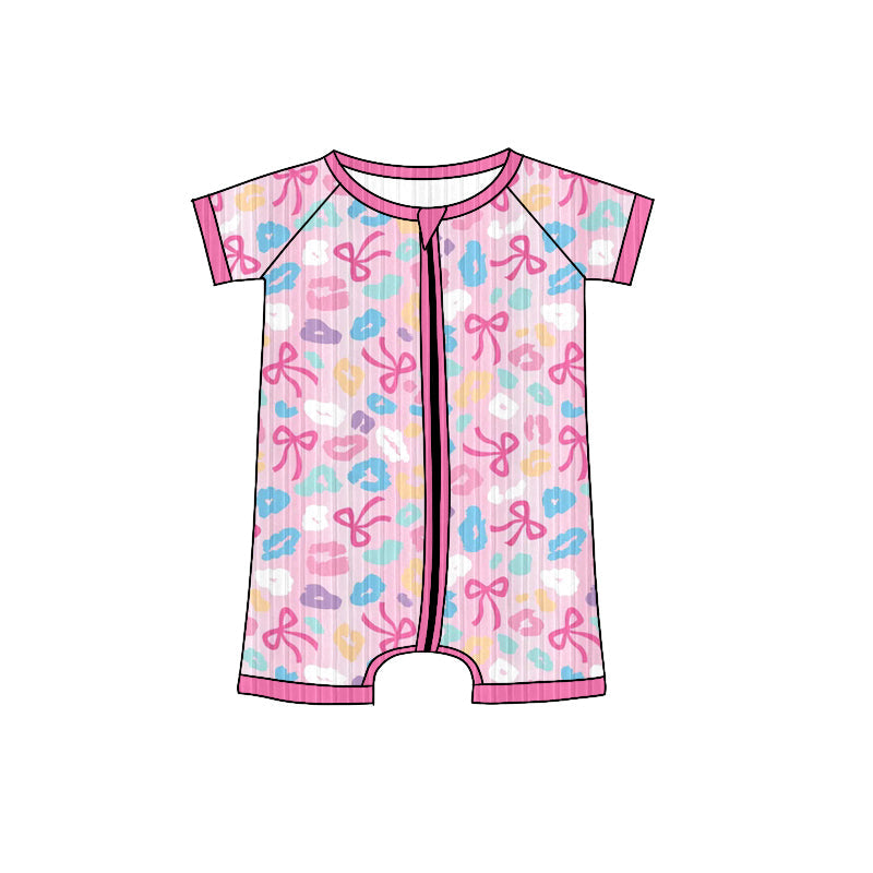 Short sleeves pink bow leopard baby girls zipper romper