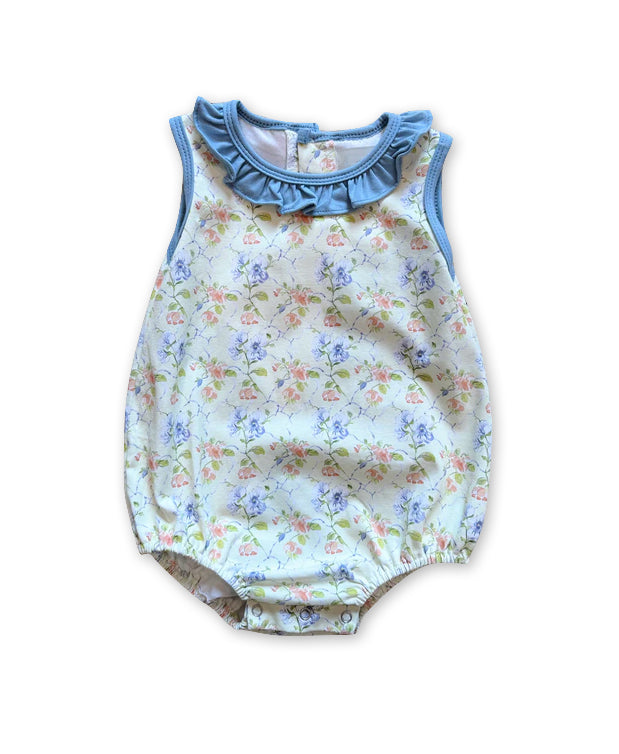 Light blue ruffle pink floral baby girls summer romper