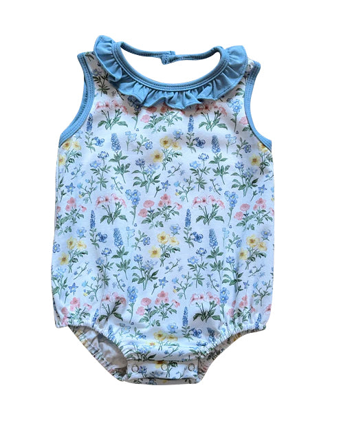 Sleeveless ruffle yellow pink floral baby girls summer romper