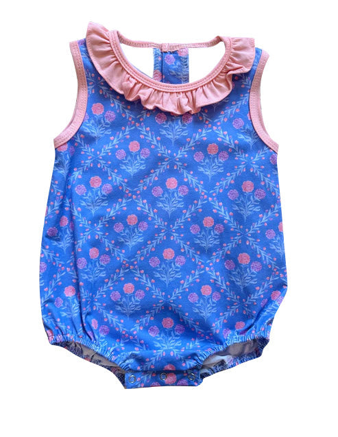 Sleeveless ruffle pink purple floral baby girls summer romper