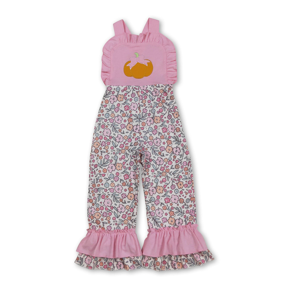 Pink ruffle straps pumpkin bow floral girls jumpsuit