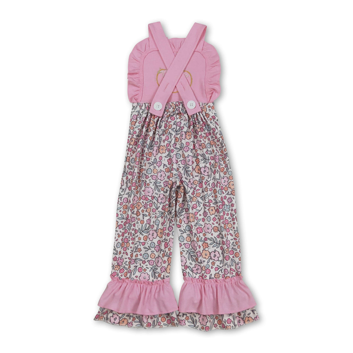 Pink ruffle straps pumpkin bow floral girls jumpsuit