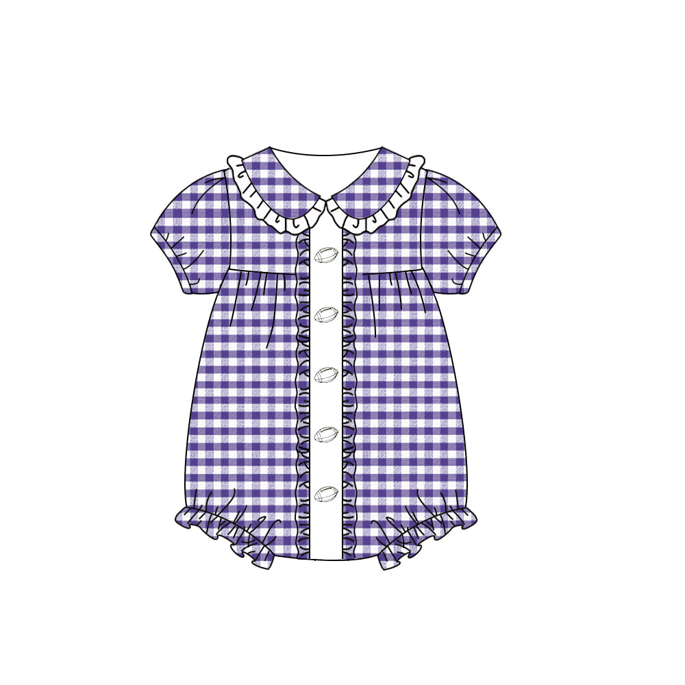 Purple plaid short sleeves football baby girls romper