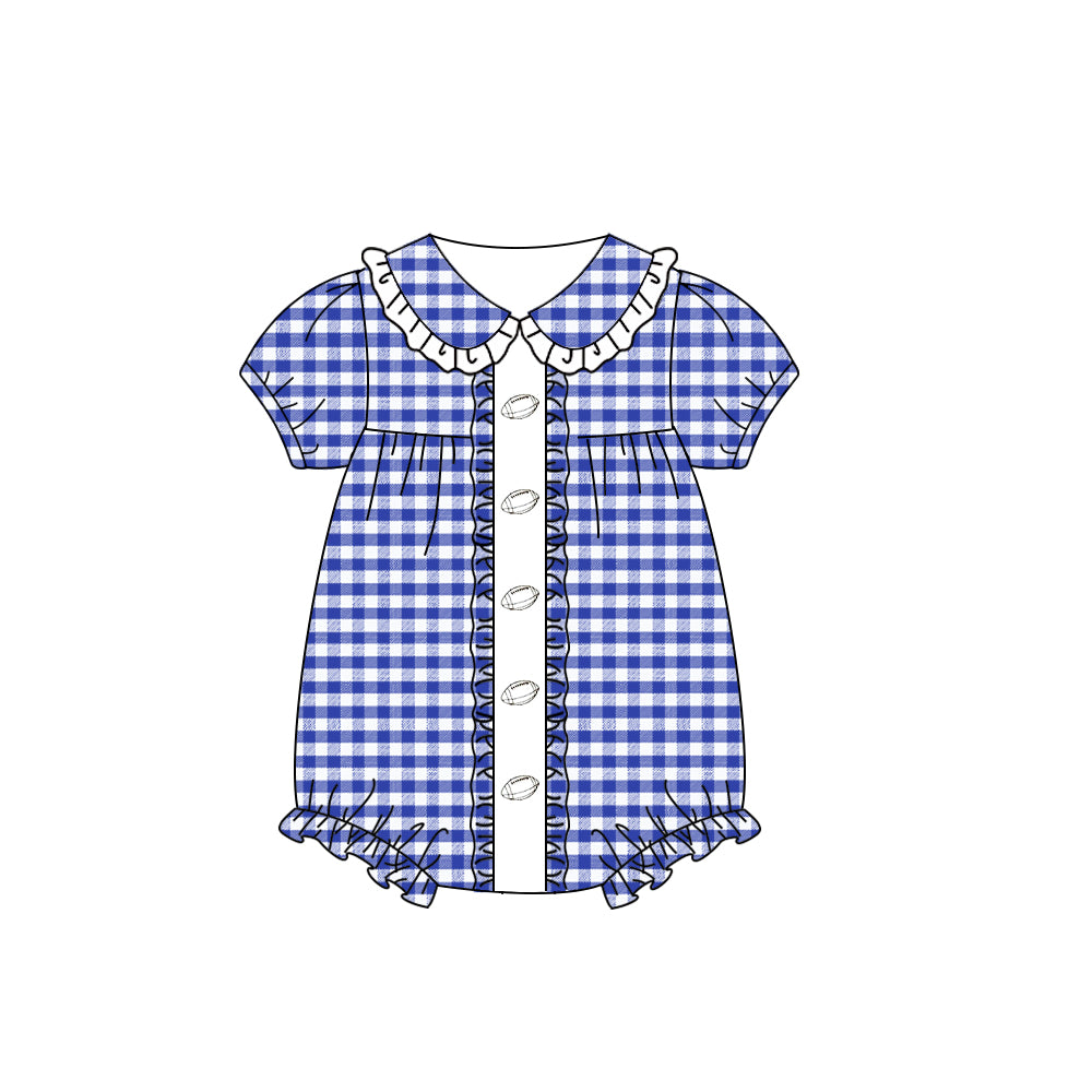 Blue plaid short sleeves football baby girls romper