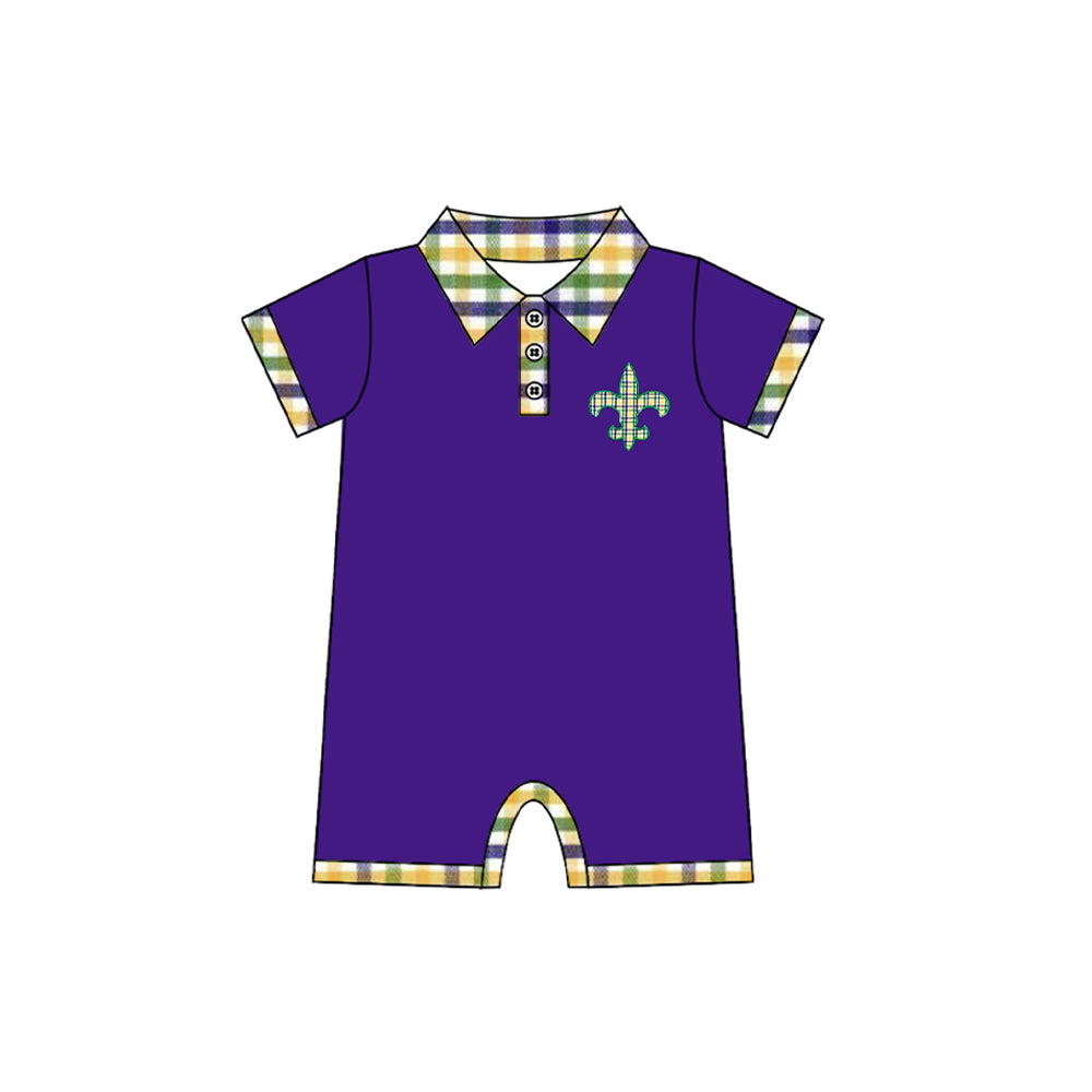 boy purple green yellow plaid baby mardi gras romper