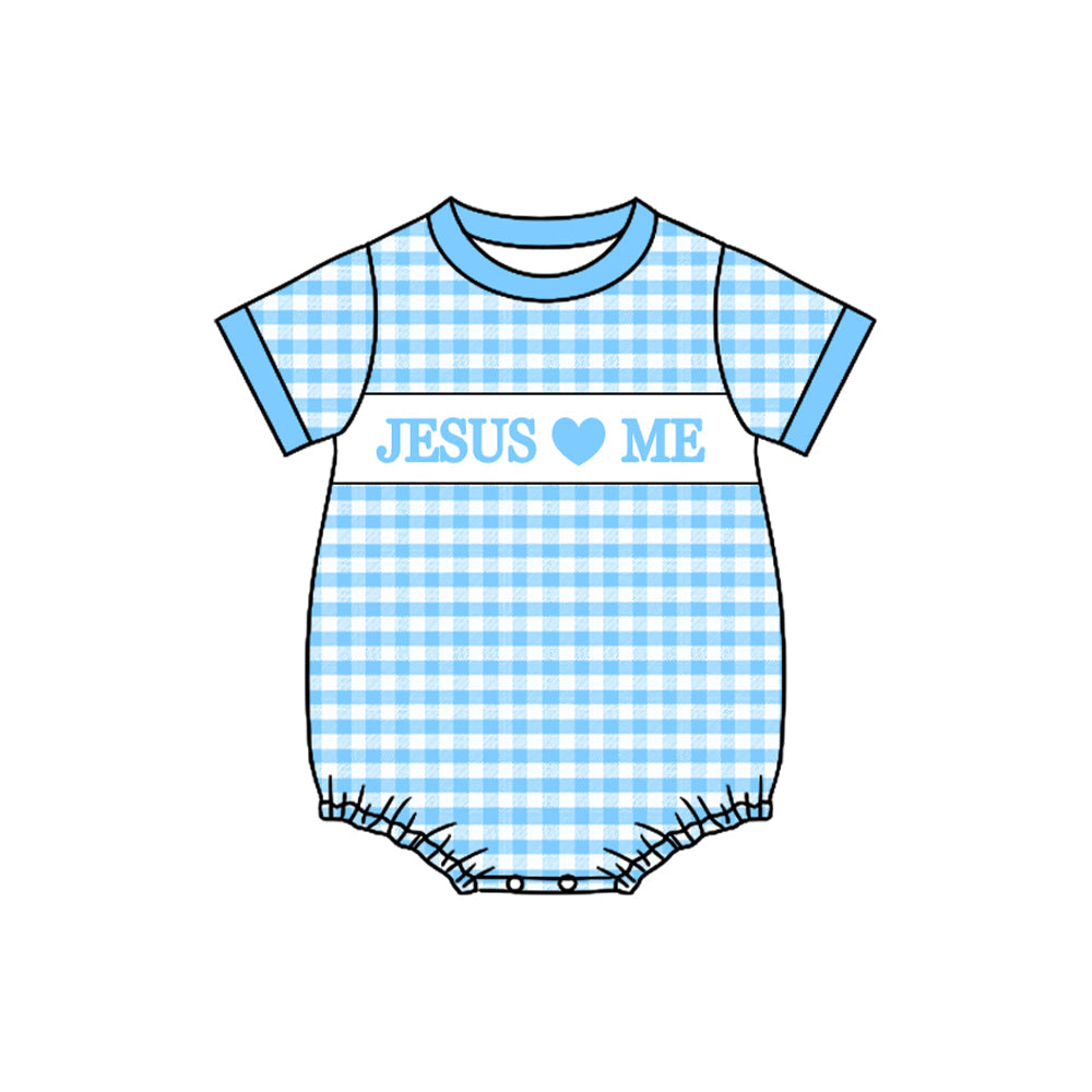 blue jesus love me baby short sleeve romper