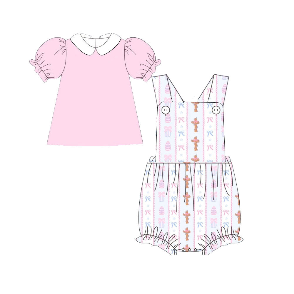 pink colorful bows kids girls overall romper