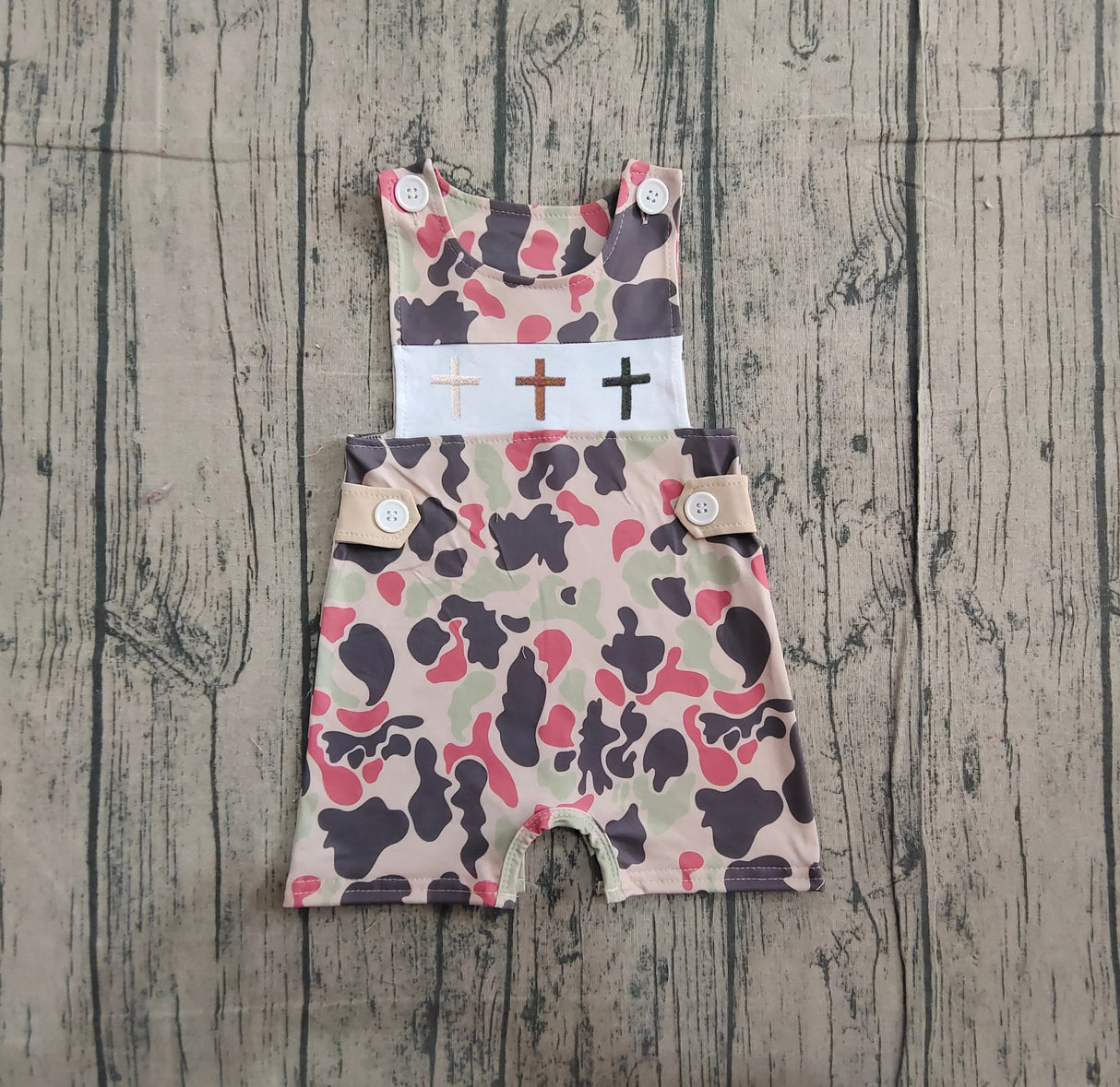 Sleeveless camo cross baby boy Easter romper