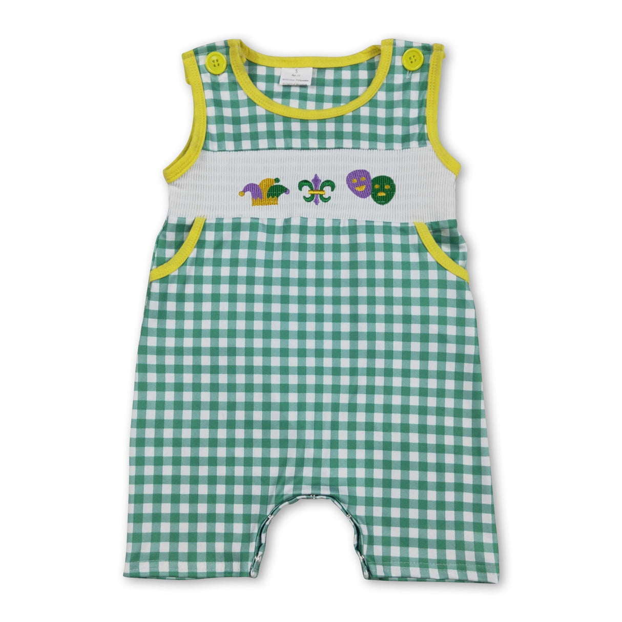Sleeveless green plaid baby boy Mardi Gras romper