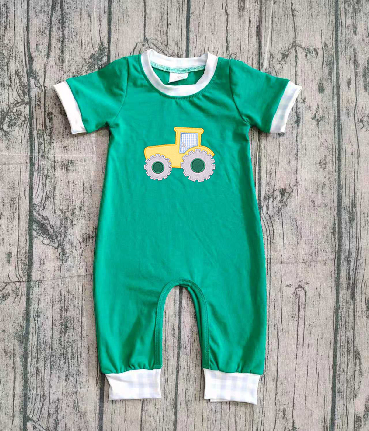 Short sleeves green tractor farm baby boy romper