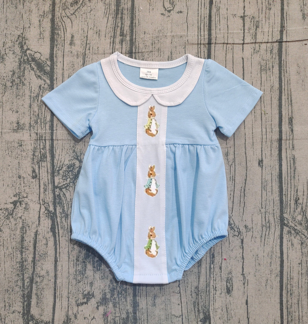 Light blue short sleeves rabbit baby boys Easter romper