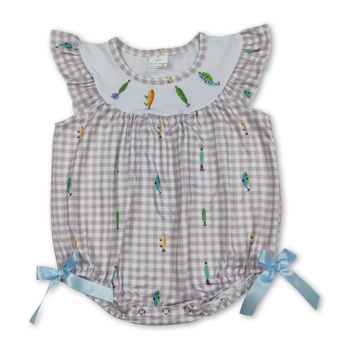 Plaid flutter sleeves fishing baby girls romper