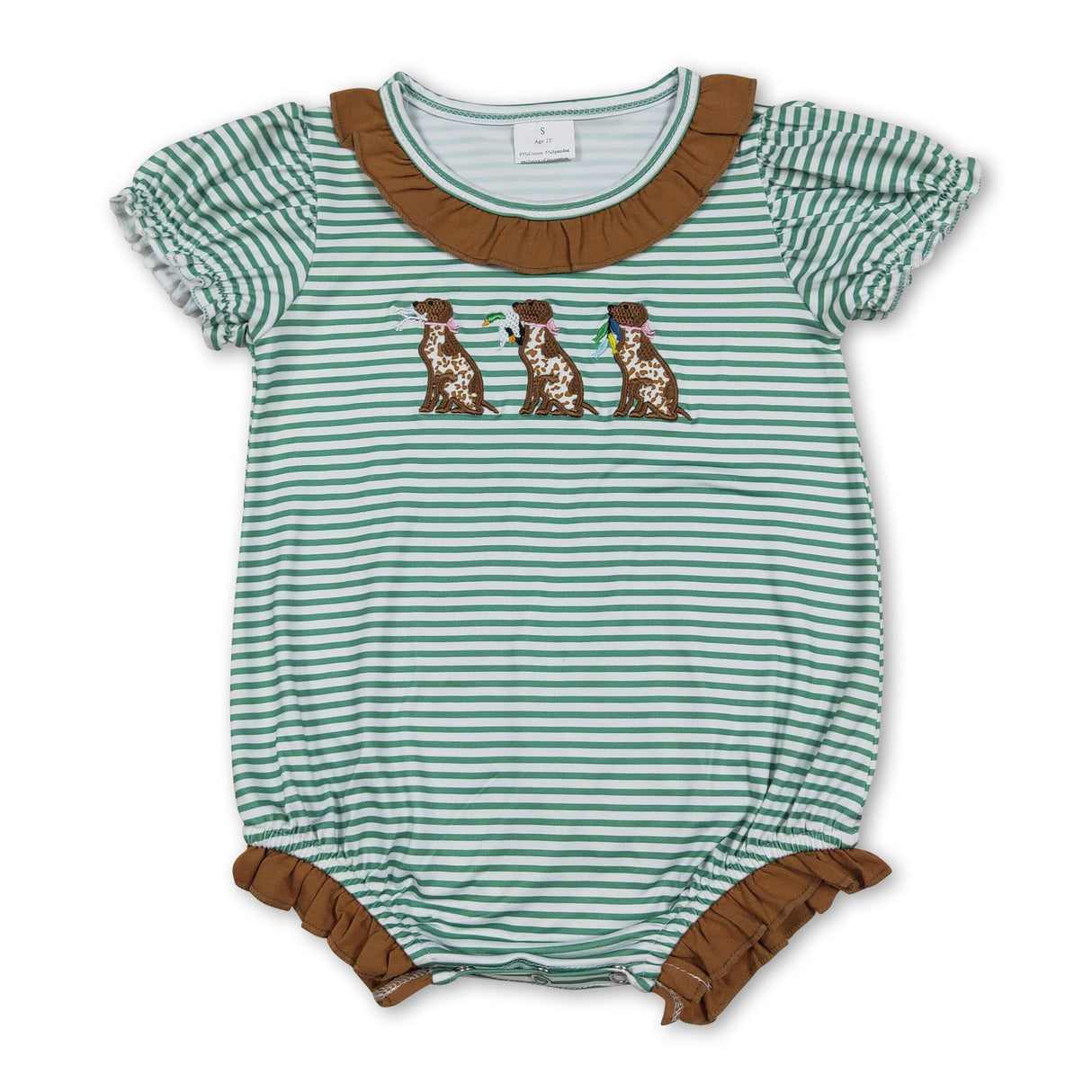 Green stripe short sleeves dog duck hunting baby girl romper