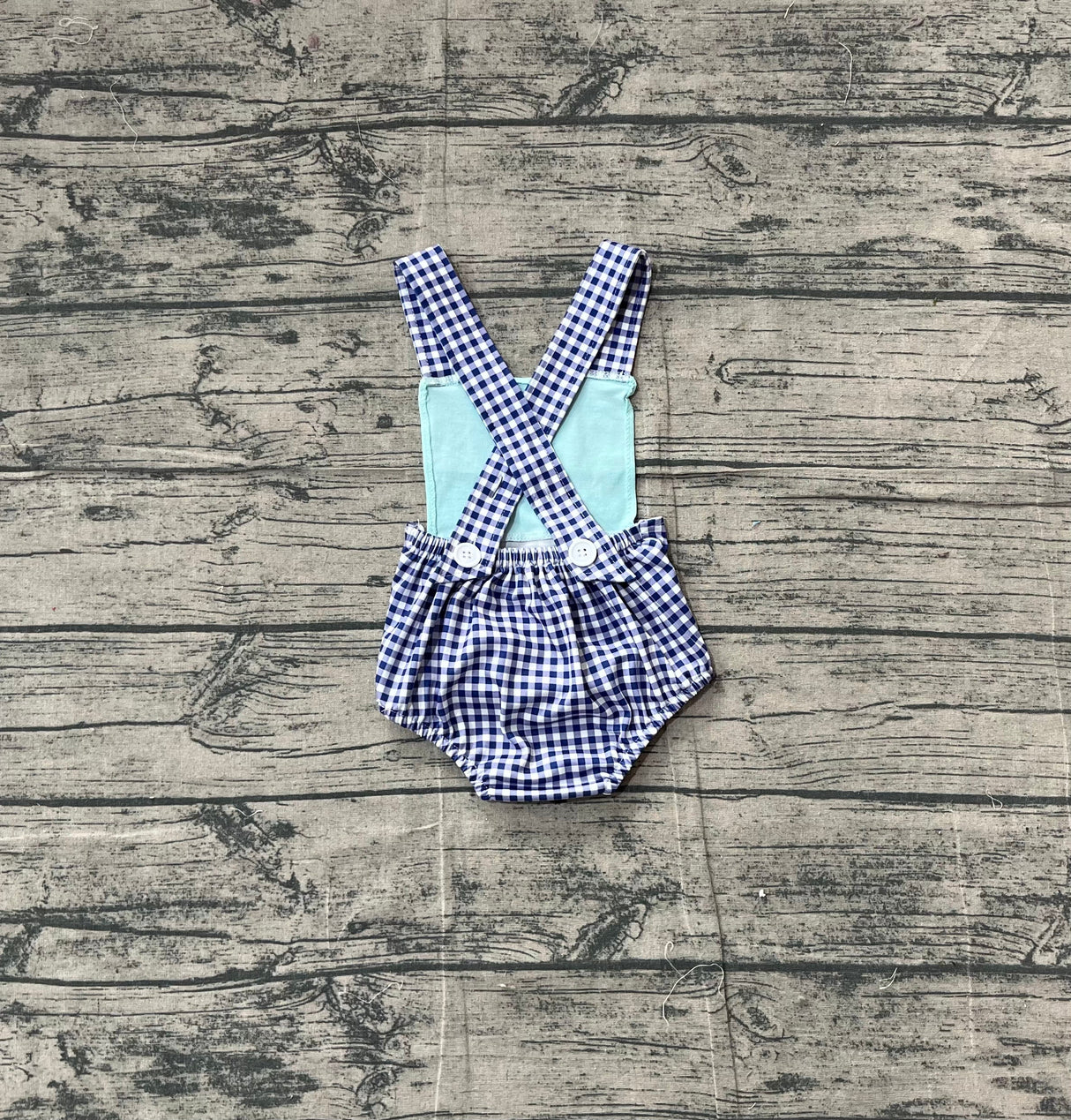 Blue plaid straps fishing baby boy summer romper