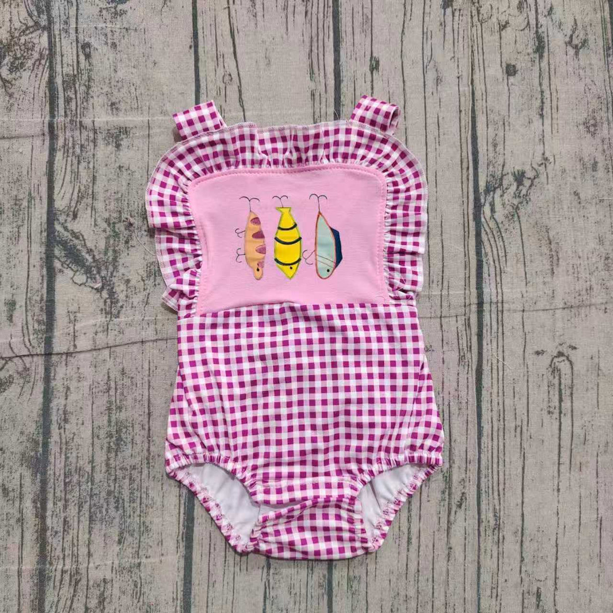 Pink plaid straps fishing baby girl summer romper