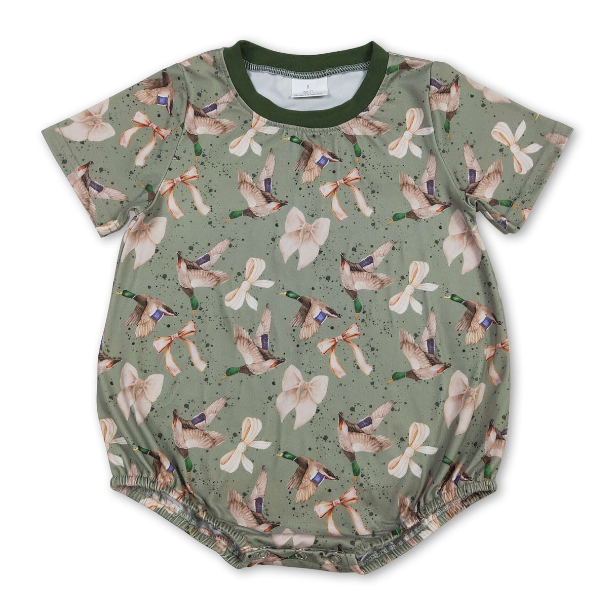 Green short sleeves duck bow baby girls romper