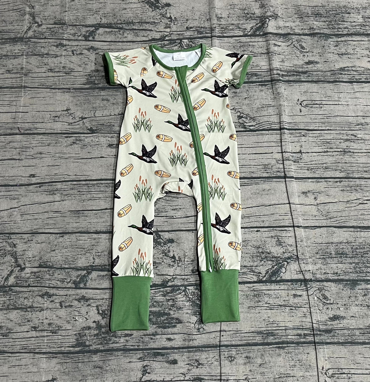 Green short sleeves duck baby boy zipper romper