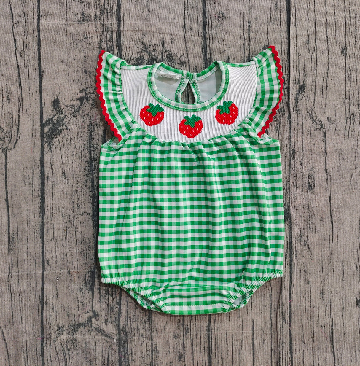 Flutter sleeves green plaid strawberry baby girls romper