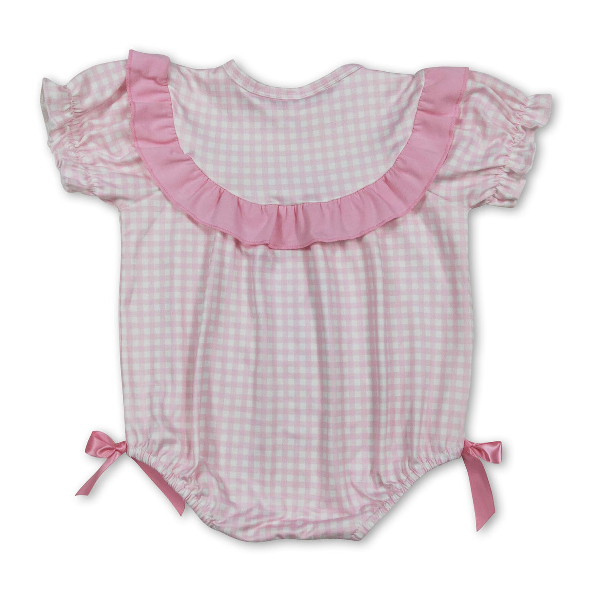 Pink plaid short sleeves chicken bunny baby girl Easter romper