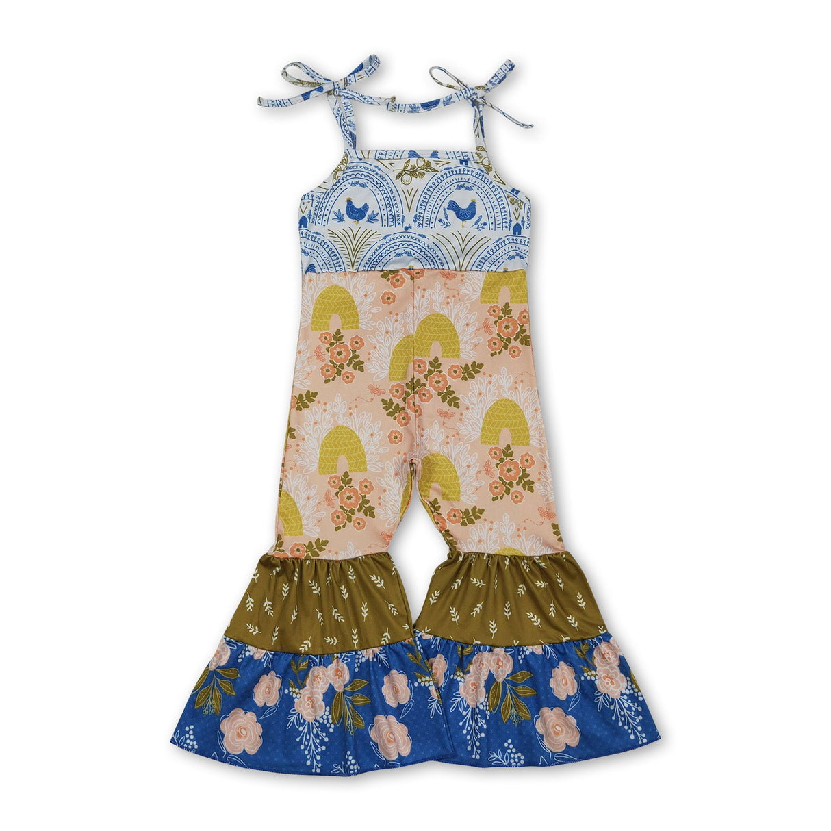 Straps chicken floral patchwork kids girls jumpsuit
